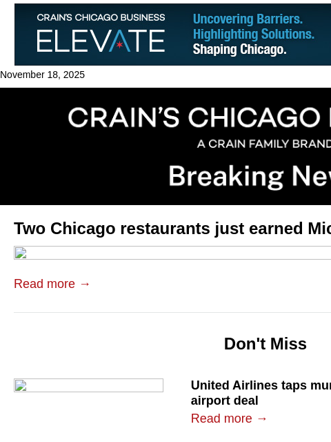 crainalerts newsletter: Two Chicago restaurants just earned Michelin stars