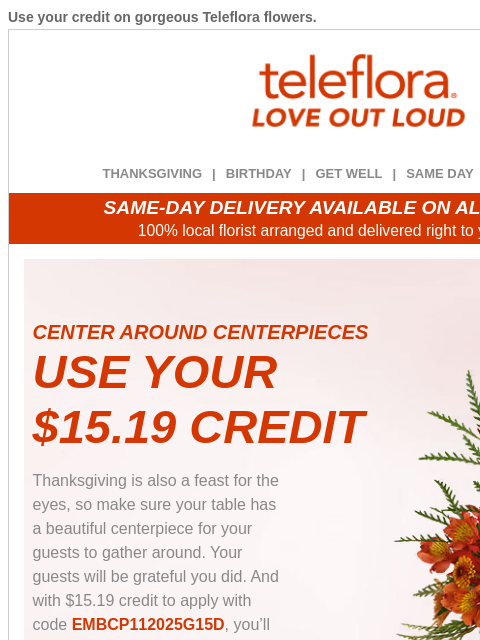 teleflora newsletter: You’ve Earned a [$15.19] Credit