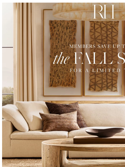 rh newsletter: Enjoy the Fall Sale. Up to 60% Off In-Stock Items.