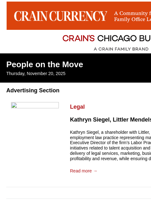 crainalerts newsletter: Crain's Chicago Business - People on the Move