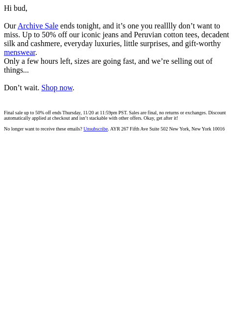 ayr newsletter: archive sale. last chance.