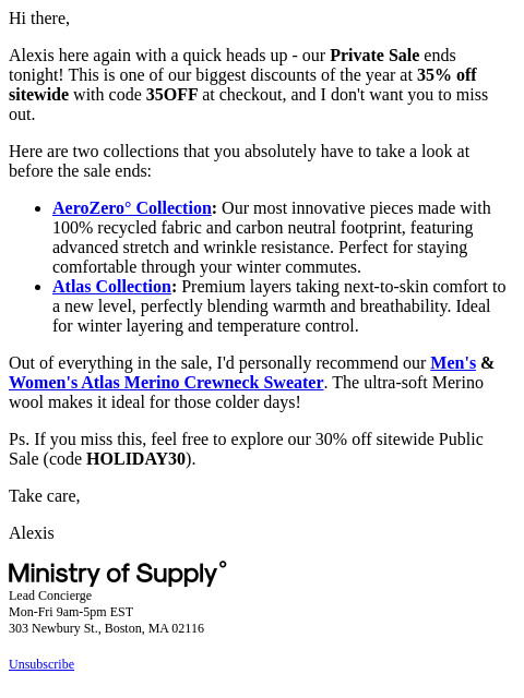Hi there, Alexis here again with a quick heads up - our Private Sale ends tonight! This is one of our biggest discounts of the year at 35% off sitewide with code 35OFF at checkout, and I don't want