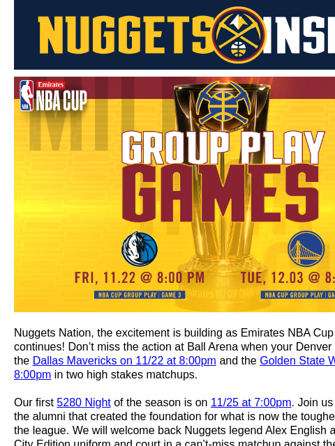 Today Only Suite Offer, Black Friday Offer, Mini Plan NBA Cup Nuggets Nation, the excitement is building as Emirates NBA Cup group play continues! Don't miss the action at Ball Arena when your