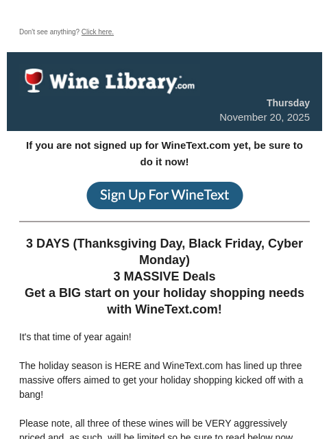 winelibrary newsletter: 3 Days, 3 Massive Deals on WineText.com! Details I...