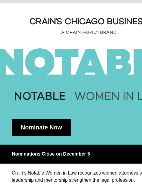 crainalerts newsletter: Nominate a Woman Leading in Law by Dec. 5