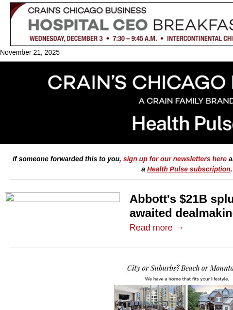 crainalerts newsletter: Splashy health tech deals are back