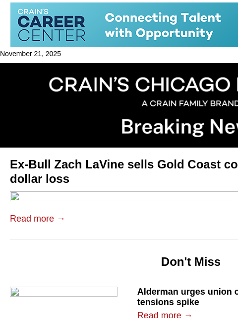 crainalerts newsletter: Ex-Bull Zach LaVine sells Gold Coast condo