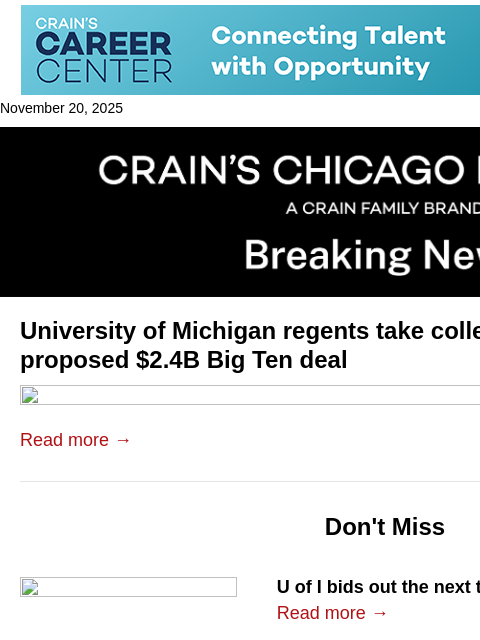crainalerts newsletter: UM board opposes $2.4B Big Ten deal
