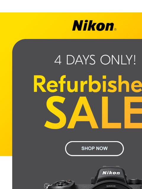 Big savings on refurbished products View as web page Nikon | 4 Days Only! Refurbished Sale | Shop Now Z 6II 24-70mm Kit (Refurbished) Z 6II Body Only lens sold separately (Refurbished) New $2099.95