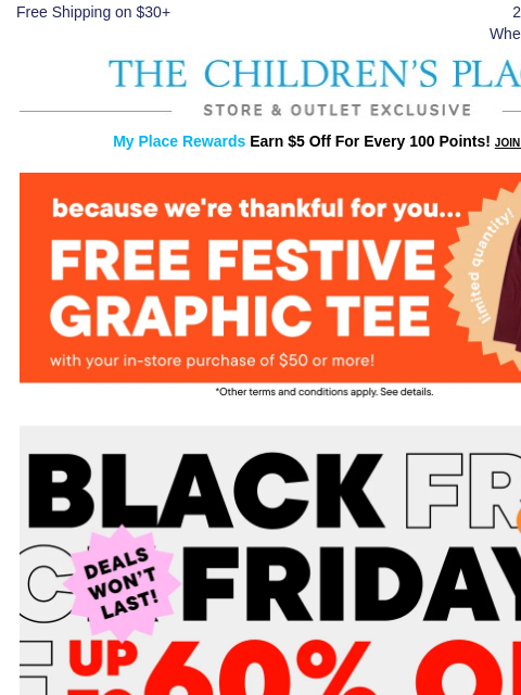 childrensplace newsletter: In Store Today: Free Holiday Tee!🦃