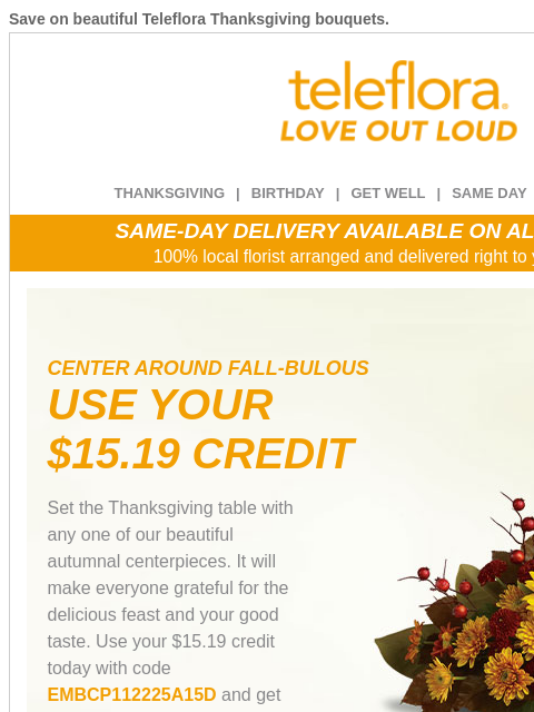 teleflora newsletter: Re: Your [$15.19] Credit