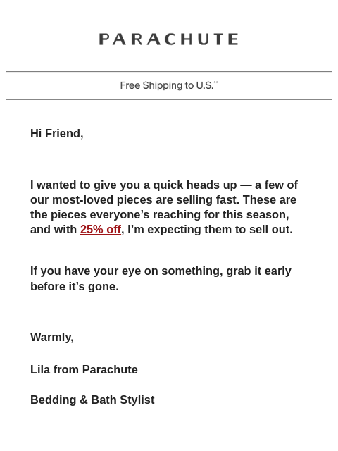 parachutehome newsletter: Low Stock + 25% Off