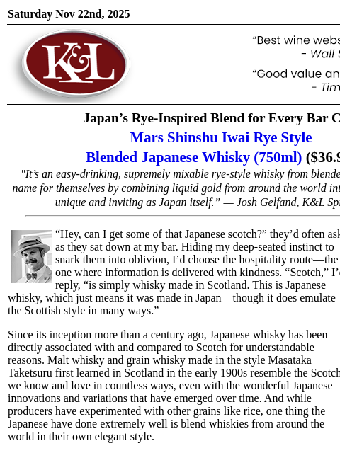 klwines newsletter: Japan’s Take on Rye: Mars Shinshu’s New Blended Wh...