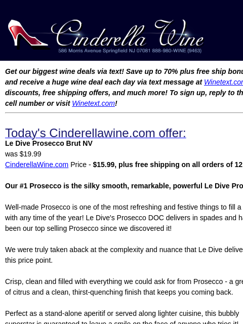winelibrary newsletter: Le Dive Prosecco Brut. Free Ship on 12