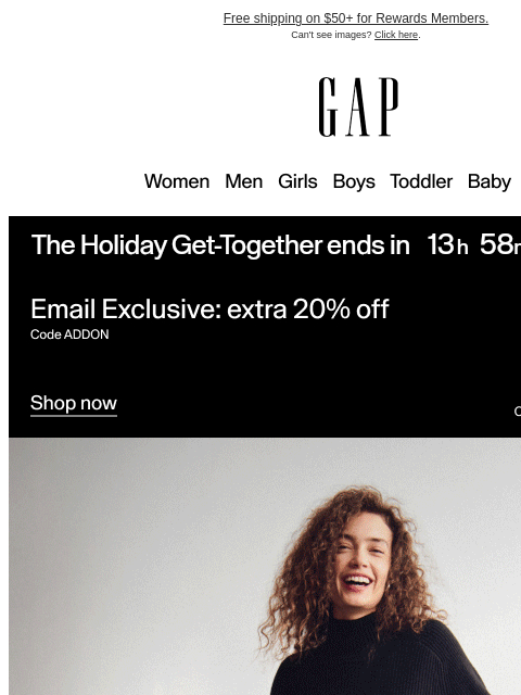 gap newsletter: Get holiday-ready with 40–60% off + bonus code ADD...