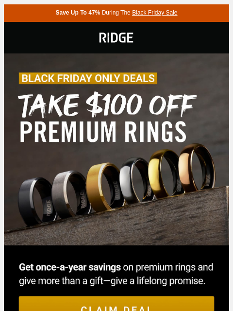 ridge newsletter: Black Friday $100 OFF Premium Rings
