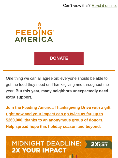 feedingamerica newsletter: We can't slow down now! (Thanksgiving Match)