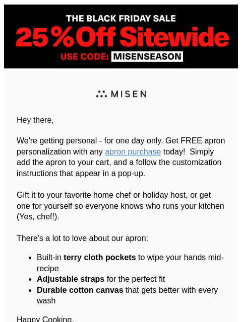 misen newsletter: Free Apron Personalization - Today Only!