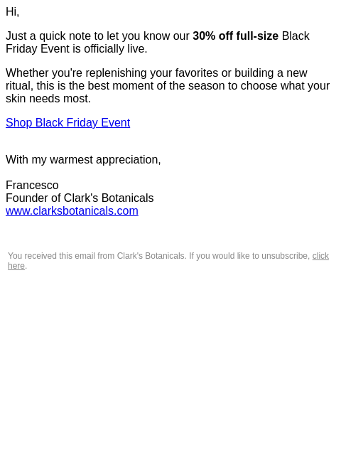 clarksbotanicals newsletter: 🔥 Get 30% Off — Our Black Friday is Live