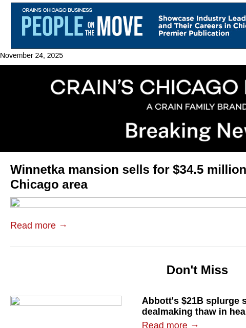 crainalerts newsletter: Winnetka mansion sets new sale record