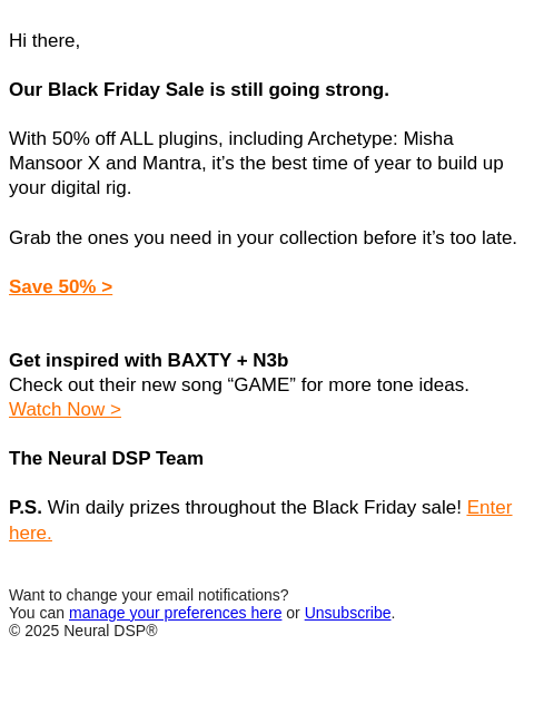 neuraldsp newsletter: All Plugins. 50% off. You in?