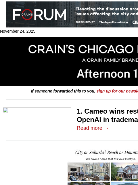 crainalerts newsletter: Cameo wins restraining order against OpenAI