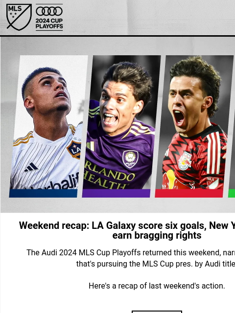 Audi 2024 MLS Cup Playoffs resumed this past weekend Hero Image Weekend recap: LA Galaxy score six goals, New York Red Bulls earn bragging rights The Audi 2024 MLS Cup Playoffs returned this weekend,