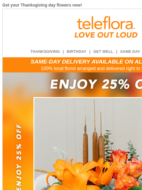 teleflora newsletter: Just In Time for Thanksgiving 🥧💐 25% Off Now