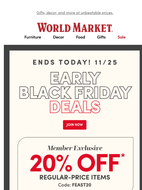 emailworldmarket newsletter: ⏰ ENDS IN HOURS: 20% off + 2X Rewards.