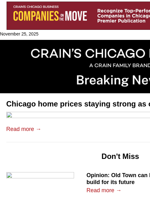 crainalerts newsletter: Chicago home price growth leads the nation