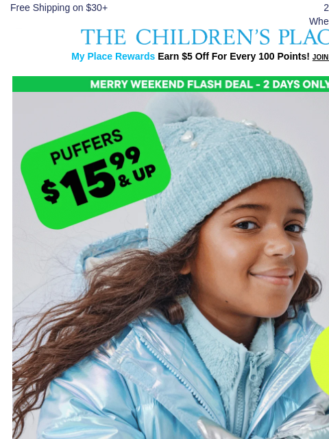 childrensplace newsletter: Last chance! 60-70% off Outerwear & $15.99+ Puffer...