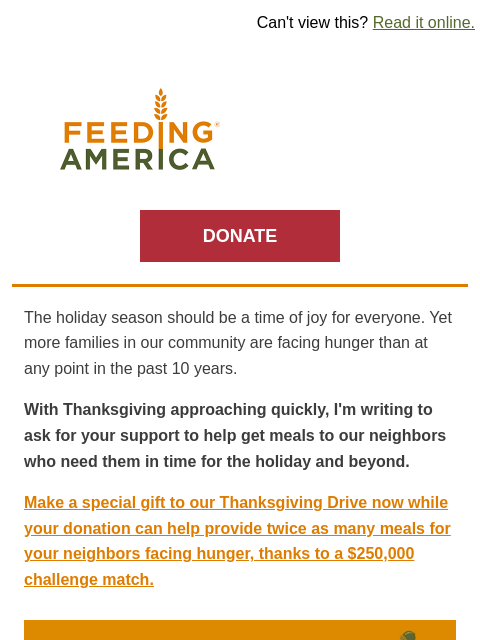 Just a couple days left to double your impact this Thanksgiving. | Can't view this? Read it online. Feeding America. DONATE The holiday season should be a time of joy for everyone. Yet more