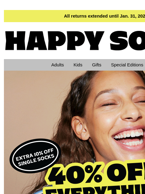 happysocks newsletter: New Deal—40% Off All+10% Extra on Single Socks