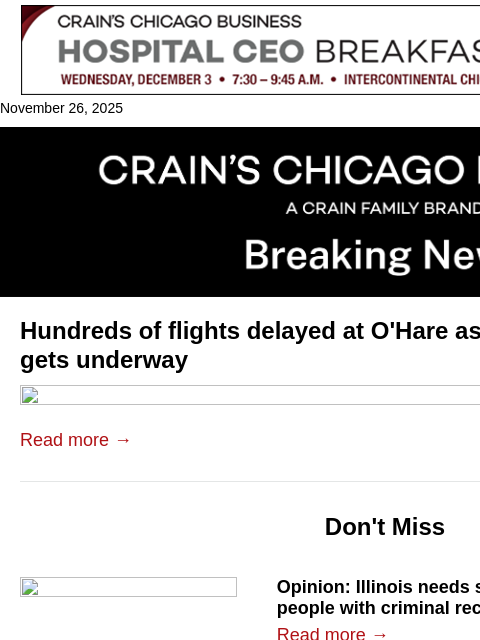 crainalerts newsletter: Hundreds of O'Hare flights delayed ahead of Thanks...