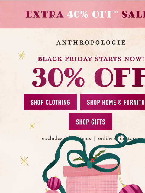 anthropologie newsletter: 40% OFF sale + 30% OFF = the BEST Black Friday