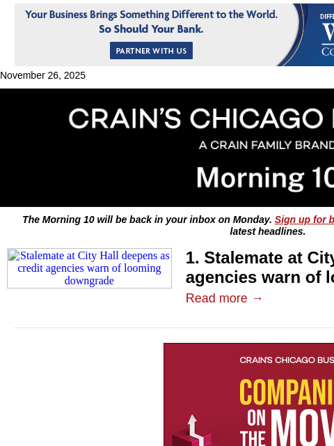 crainalerts newsletter: Stalemate deepens at City Hall