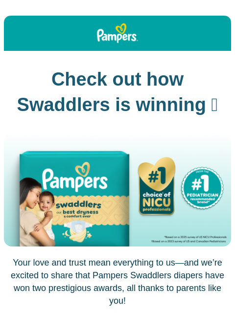 pampers newsletter: Our 2X award-winning diaper 🤩