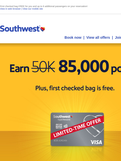 southwest newsletter: You’re invited! Earn 85,000 points.
