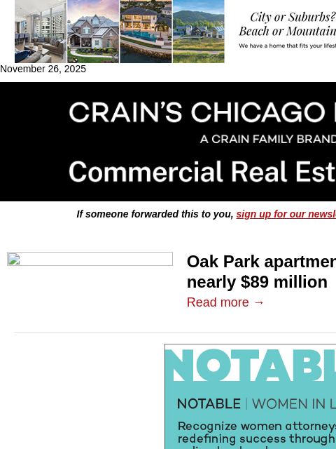 crainalerts newsletter: Chicago developer ends apartment deal drought