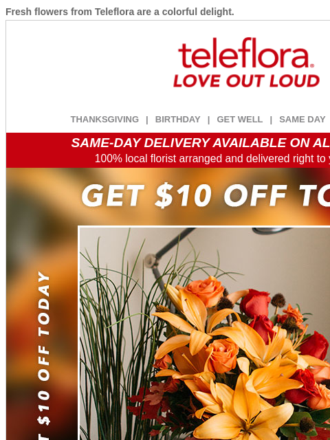 teleflora newsletter: Final Hours to Order Thanksgiving Flowers + Save $...