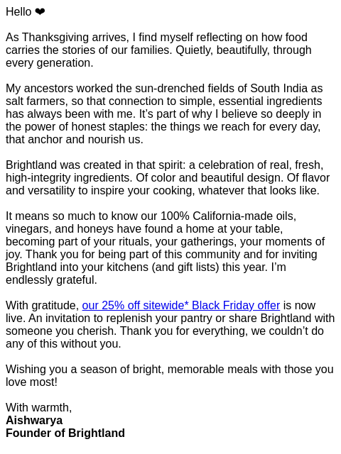 brightland newsletter: A note of gratitude from our founder, Aish