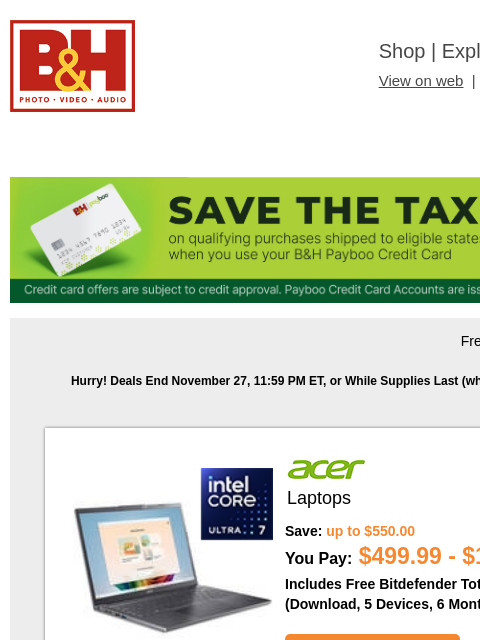 bhphotovideo newsletter: Today’s Deals: Acer, Apple, Pelican, Gitzo, JBL, L...