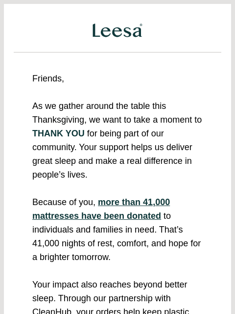 leesasleep newsletter: Thank you for helping us make a difference