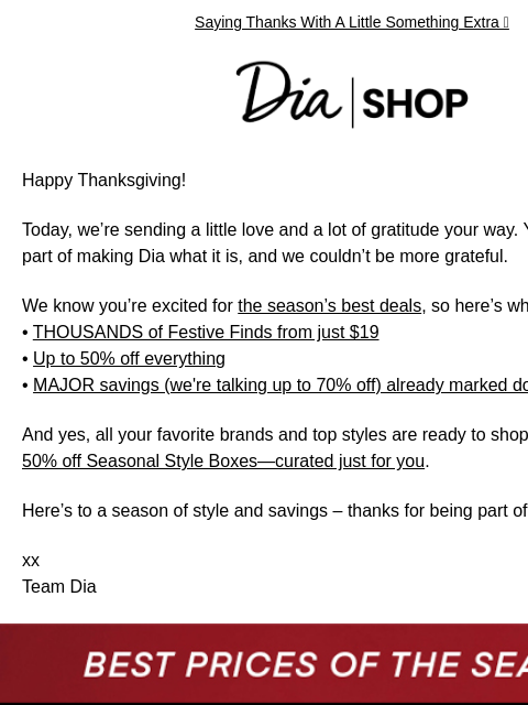 Saying Thanks With A Little Something Extra 🙌 Dia & Co Shop Happy Thanksgiving! Today, we're sending a little love and a lot of gratitude your way. You've been a huge part of making Dia