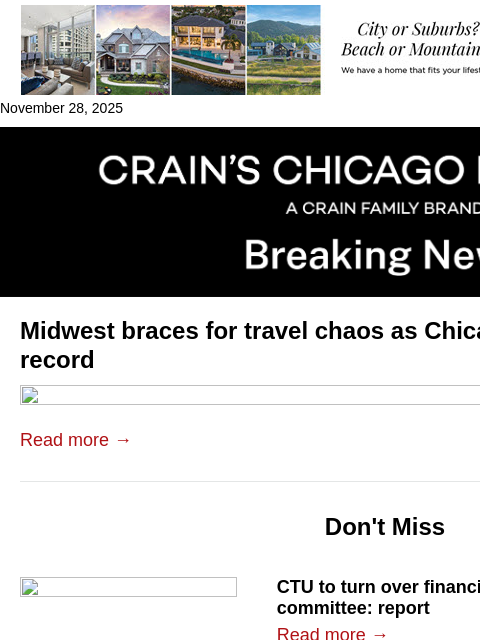 crainalerts newsletter: Chicago snowstorm forecast threatens Midwest trave...