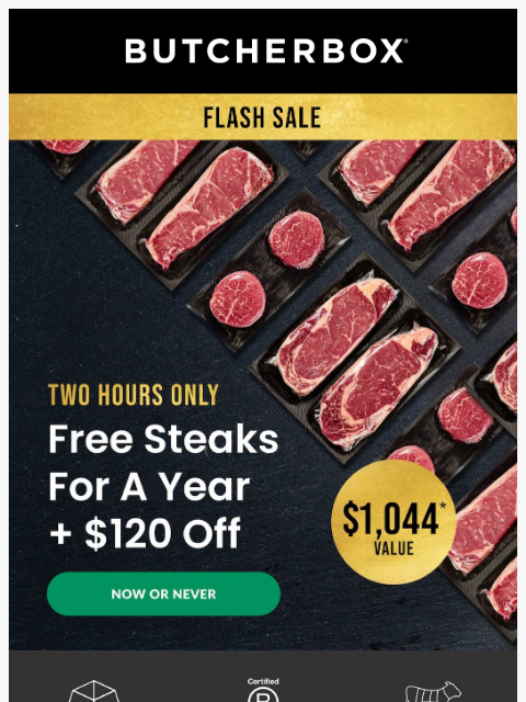 butcherbox newsletter: ⏰ 2 HOUR SECRET SALE: $120 off + FREE steaks