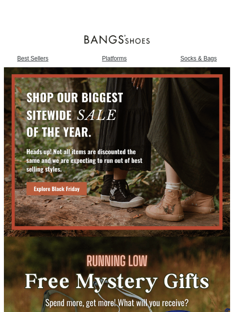 bangsshoes newsletter: Heads up! Styles & swag are running out.