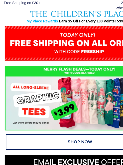 childrensplace newsletter: TODAY ONLY: $3.99 LS Tees + Free Shipping w/ Code ...