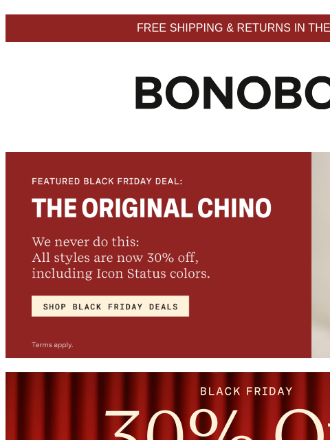 bonobos newsletter: The Original Chino Now Just $70 + Deals From $55