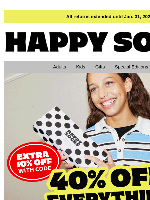 happysocks newsletter: 🖤💥 Black Friday is HERE: 40% Off + 10% Everythin...